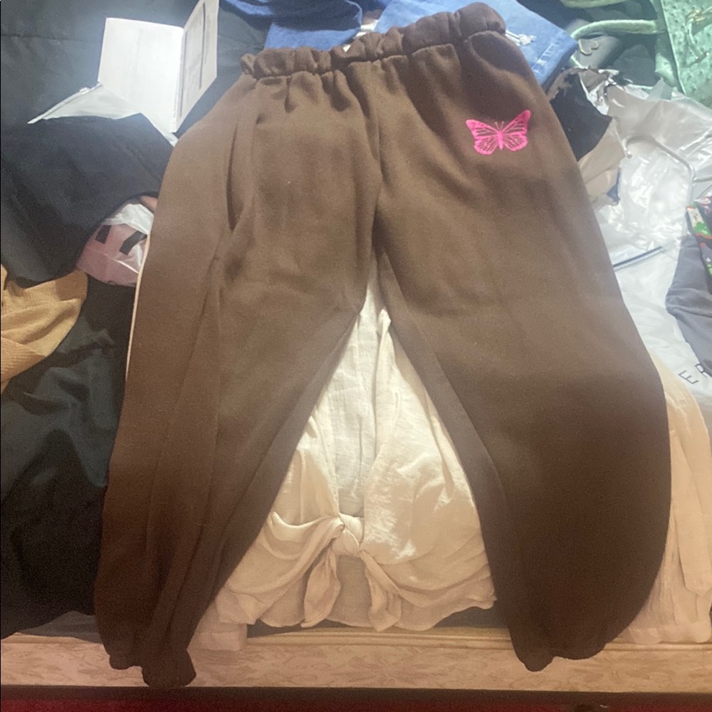 Brown Kids Joggers with Pink Butterfly